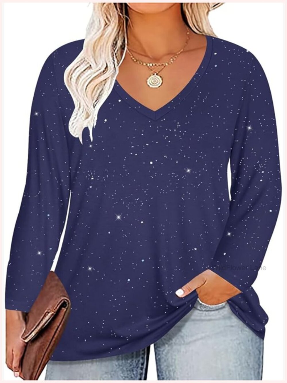 Plus Size Long Sleeve Glitter Tunic Top T-Shirt V-Neck Casual Fall Pullover